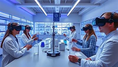 An engaging VR simulation of a virtual science lab with students wearing VR headsets, conducting experiments, and interacting with digital lab equipment, showcasing the immersive and interactive nature of LabQuest VR.
