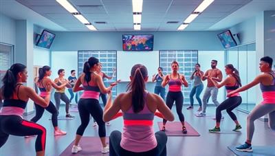 A dynamic digital illustration of a virtual fitness studio with energetic trainers leading a group workout session, surrounded by diverse participants exercising together from different locations, fostering a sense of community and shared fitness goals.