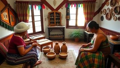 An inviting homestay setting with a local artisan demonstrating pottery making to guests, surrounded by colorful handmade crafts and traditional decor, evoking a sense of cultural exchange and hands-on learning in a cozy atmosphere.