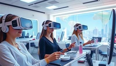 An immersive virtual reality beauty tech training session, featuring students wearing VR headsets and interacting with digital beauty tools, products, and simulations in a futuristic classroom environment, highlighting the innovative and engaging nature of the academy's training programs.