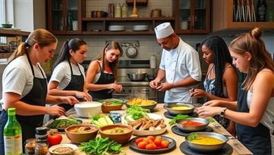 A dynamic culinary exploration class in progress with students learning cooking techniques, tasting exotic flavors, and engaging in a hands-on food preparation session led by a chef, surrounded by a display of fresh ingredients, cooking tools, and aromatic spices, creating a vibrant and immersive culinary experience that ignites the senses and celebrates culinary creativity.