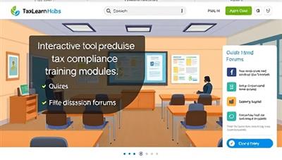 An illustrative image of TaxLearn Hub's digital platform featuring a virtual classroom setting with interactive tax compliance training modules, quizzes, and discussion forums, creating a dynamic and engaging learning environment for users.