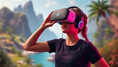 An exciting visual representation of a user donning VR gear and engaging in a virtual reality fitness escape, surrounded by lush digital landscapes and interactive workout challenges, creating a sense of immersion and excitement in the FitVibe VR world.
