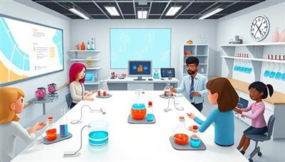 An engaging visual representation of a virtual science lab setting, featuring digital equipment, interactive experiments, and animated avatars of students and teachers collaborating in a dynamic learning environment, fostering curiosity and exploration.