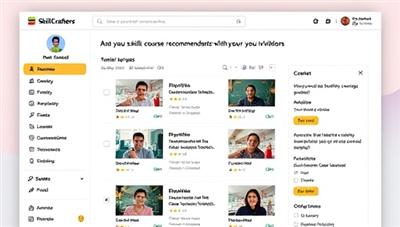An online platform interface displaying personalized course recommendations for a user, with a variety of skill development options tailored to the individual's interests and goals, highlighting the customization and user-centric approach of SkillCrafters.