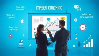 An inspiring visual representation of career coaching, featuring a coach guiding a client through a career path map on a digital screen, surrounded by motivational quotes and icons symbolizing growth and success, conveying career empowerment and direction.