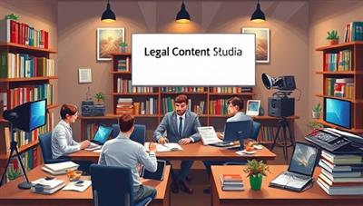 An artistic representation of a legal content creation studio with a team of writers, podcasters, and video producers collaborating on legal content, surrounded by law books and digital media equipment, illustrating the creativity and professionalism of LegalPulse Media's content production process.