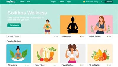 A digital platform showcasing diverse wellness workshops with colorful graphics representing mindfulness, fitness, nutrition, and mental health, symbolizing a holistic approach to well-being.