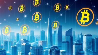 A futuristic digital cityscape with cryptocurrency symbols floating in the air, representing a blend of technology and finance in the crypto investment world.