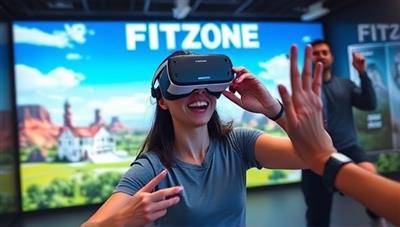 A dynamic scene showing a person wearing a VR headset engaged in a virtual fitness environment, surrounded by digital landscapes and workout elements, capturing the excitement and energy of the VR FitZone experience.