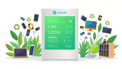 An eco-friendly kiosk design with a sleek interface displaying recycling stats and rewards, surrounded by depictions of various electronic devices being recycled, conveying a modern and sustainable tech recycling solution.