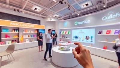 An immersive AR/VR environment featuring branded products seamlessly integrated into the virtual world, with users interacting with the products in a natural and engaging manner, showcasing the innovative marketing potential of Virtualize Branding's product placement services.