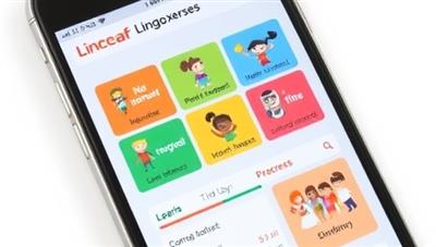 A smartphone screen displaying the LingoLeap app interface with colorful language exercises, animated characters, and a progress tracker, illustrating a dynamic and engaging learning experience.