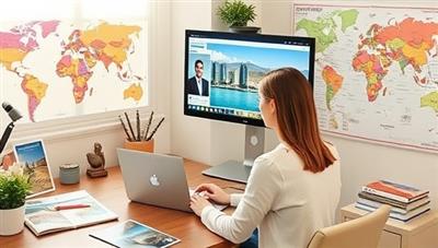 A virtual travel consultant sitting at a desk with a laptop, surrounded by travel guides and maps, engaging in a video call with a client, discussing vacation plans and sharing exciting destination recommendations, conveying professionalism and expertise.