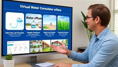 A professional consultant explaining water-saving strategies through a virtual consultation session, with visuals of water-efficient fixtures, rainwater harvesting systems, and drought-resistant landscaping options displayed on a screen, emphasizing practical solutions for clients.