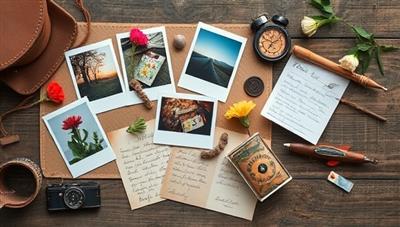 An artistic flat lay of travel keepsake items such as polaroid photos, vintage postcards, pressed flowers, handwritten notes, and travel trinkets elegantly arranged on a rustic wooden table, evoking a sense of nostalgia, wanderlust, and heartfelt storytelling through MemoirMementos.