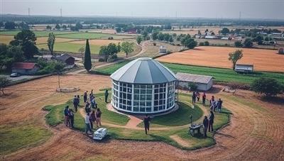 A picturesque rural landscape with a modern telecommunications hub in the center, surrounded by happy residents using high-speed internet and communication services, showcasing the transformative impact of RuralConnect Hub on rural communities.