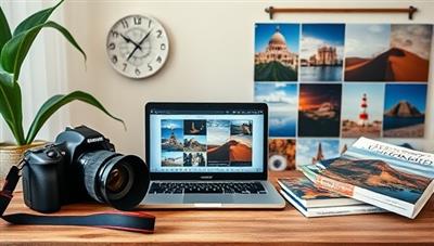 An inspiring virtual photography workshop setup with a digital camera, a laptop displaying photo editing software, travel photography books, and a mood board of stunning travel images, inspiring creativity and visual storytelling among participants.