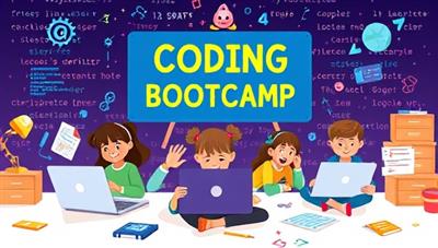 An interactive illustration of a virtual coding bootcamp for kids, showcasing children engaged in coding activities on laptops, surrounded by colorful code snippets and programming elements, reflecting an educational and fun coding learning environment for young participants.