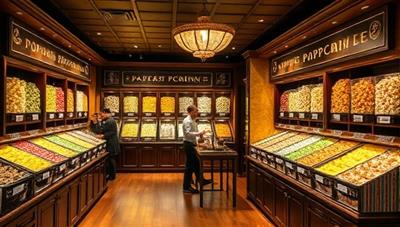 An elegant popcorn boutique display featuring rows of colorful popcorn bins filled with gourmet flavors, customers sampling and selecting popcorn varieties, packaging options for gift sets and sampler packs, evoking a sense of culinary artistry and indulgence in every kernel.