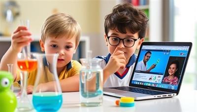 A colorful and dynamic video still of a child conducting a science experiment from the virtual kit, with bubbling beakers, magnifying glasses, and a laptop showing a live session with a science instructor, capturing the excitement of hands-on discovery.