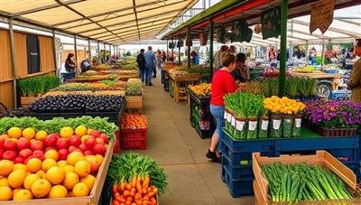 A bustling farmers' market scene with colorful stalls filled with fresh fruits, vegetables, and flowers, showcasing the vibrant and diverse offerings of local farms and producers supported by the HarvestShare Collective CSA membership.