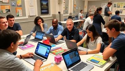 A dynamic workshop setting with participants engaged in hands-on tech activities, surrounded by laptops, coding books, and colorful tech gadgets, fostering a collaborative learning environment.