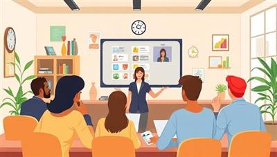 An illustration of a virtual classroom with diverse students and a dynamic tutor engaging in a lively language learning session, showcasing the interactive and engaging nature of the platform.