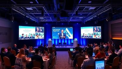 An immersive virtual event setup with multiple screens displaying engaging content, interactive features, and a diverse audience participating in a virtual conference or webinar, highlighting the dynamic and interactive nature of virtual events orchestrated by VirtualVibe Events.