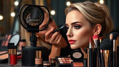 An elegant and sophisticated virtual makeup class setup with a makeup artist showcasing a flawless makeup application on a model's face, surrounded by a selection of high-quality makeup products and brushes, creating a luxurious and educational ambiance.