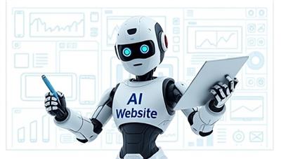 An AI-powered robot with design tools in its hands, creating a digital blueprint of a website, symbolizing innovative and futuristic web design assistance.