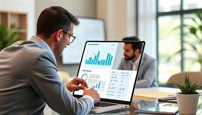 An image of a virtual CFO analyzing financial reports on a laptop screen, with small business owners in a virtual meeting discussing growth strategies, symbolizing expert financial guidance for small businesses through virtual CFO services.