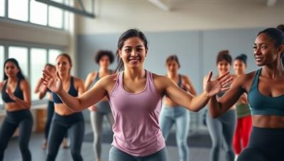 A dynamic and energetic image of a virtual workout session, featuring a trainer leading a group of diverse participants through a high-intensity exercise routine, showcasing motivation and inclusivity.