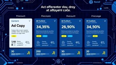 An illustration of a futuristic AI interface displaying different ad copy options with real-time performance metrics, showcasing the efficiency and accuracy of CopyGenius AI in generating compelling marketing content.