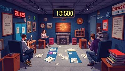 An immersive digital illustration of a virtual escape room setting, featuring players interacting with puzzles, clues, and props in a virtual environment, with a countdown timer and collaborative teamwork visible, creating an exciting and engaging online escape room adventure experience.