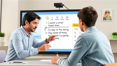 An image of a virtual tutoring session on the SmartTutor Connect platform, showing a tutor explaining a complex concept to a student using interactive tools and digital resources, with a virtual whiteboard and educational materials displayed on the screen, creating an engaging and dynamic learning environment.
