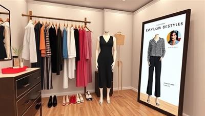 A chic virtual dressing room setup with a variety of clothing items, accessories, and a digital mirror displaying outfit suggestions and style tips, creating a stylish and immersive styling experience within the StyleSphere Studio's virtual platform.