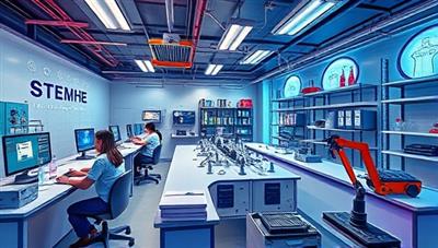 An immersive digital illustration of a virtual STEM lab within STEMSphere, featuring students conducting experiments, coding on computers, and building robotics projects, creating a futuristic and engaging learning environment for STEM enthusiasts.