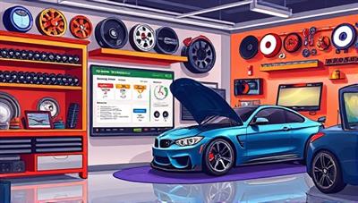 An artistic digital illustration showcasing a virtual car modification garage with a diverse range of aftermarket parts displayed on shelves, interactive customization tools on a computer screen, and a mechanic installing a performance upgrade on a car, creating a vibrant and engaging atmosphere for car enthusiasts.