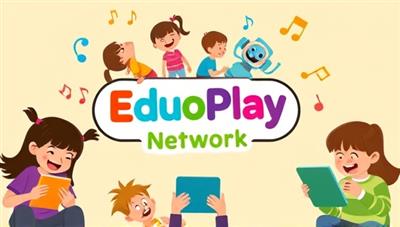 A colorful and engaging podcast network logo with playful characters and sound waves, surrounded by children listening to EduPodPlay shows on various devices, displaying the fun and educational appeal of the audio content network.