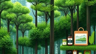 An artistic rendering of a lush green forest with eco-friendly travel products integrated into the natural landscape, symbolizing harmony between travel and environmental conservation.
