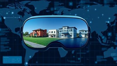 A digital interface displaying a virtual reality headset with real estate properties in different global locations, symbolizing the borderless reach and immersive experience of virtual real estate consultancy.