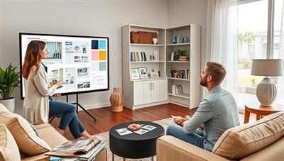 An artistic visualization of a virtual interior design consultation with a designer presenting mood boards, color swatches, and 3D room layouts on a digital screen, while the client views the design proposals from the comfort of their home, surrounded by home decor magazines and samples, illustrating a virtual design experience that blends creativity and technology.