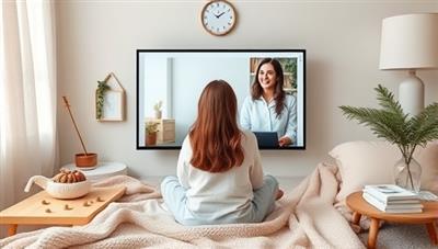 A calming virtual therapy session scene with a therapist providing support and guidance to a client through a video call, surrounded by cozy blankets, soothing colors, and mindfulness tools, creating a safe and confidential space for emotional healing and mental well-being.
