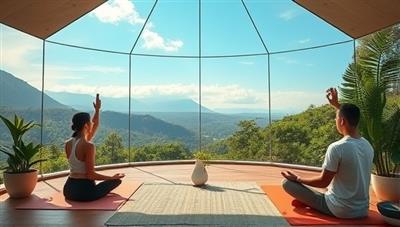 An immersive virtual retreat setting with tranquil nature scenes, yoga instructors leading sessions, meditation guides facilitating mindfulness practices, and users engaging in wellness activities from the comfort of their homes, conveying the serene and rejuvenating atmosphere of ZenVibe Oasis.