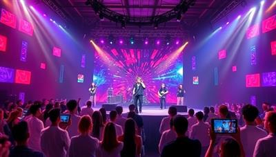 A digital concert stage set in a futuristic virtual world, featuring a dynamic performance by a popular artist interacting with virtual audience avatars, colorful visual effects, and real-time chat interactions, showcasing the immersive and interactive nature of virtual concerts.