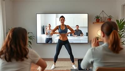 A virtual fitness coach leading an energetic workout session via video call, with participants following along from their living rooms, showcasing convenience and motivation.