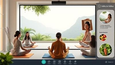 An online platform interface showcasing a virtual wellness workshop with participants engaged in yoga poses, meditation exercises, and nutritional discussions, surrounded by calming nature imagery and wellness resources, creating a serene and inclusive digital wellness space.