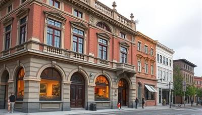 An artistic rendering of a beautifully restored heritage building exterior, highlighting the intricate architectural details, restored facade, and modern amenities seamlessly integrated into the historical structure, evoking a sense of heritage preservation and modern revitalization.