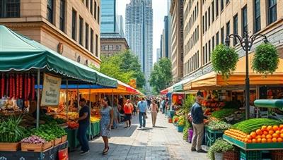 A bustling city street transformed into a vibrant market scene with colorful tents and stands showcasing an array of fresh produce, herbs, and flowers, surrounded by enthusiastic shoppers exploring the farm-fresh offerings, with city skyscrapers in the background, blending urban and agricultural landscapes.